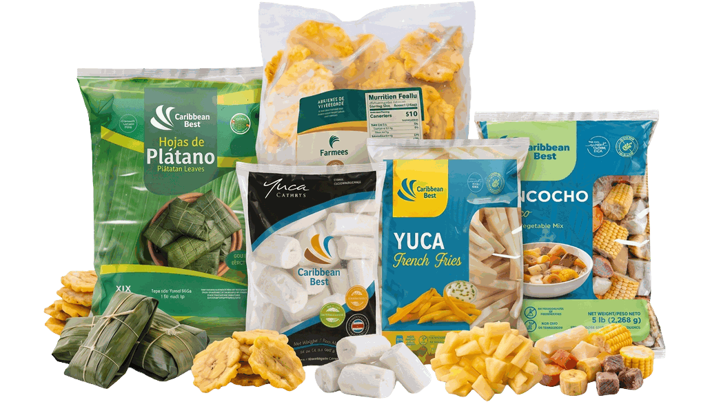Caribbean Best IQF-frozen range — plantain leaves, yuca, tostones and stew vegetables